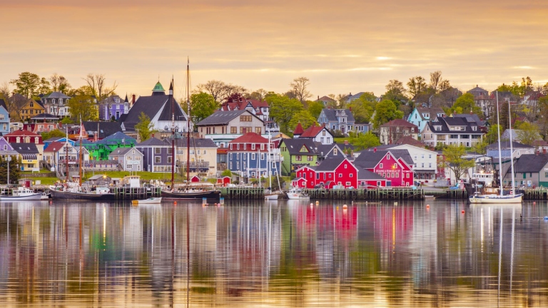 View of seaside village from water
