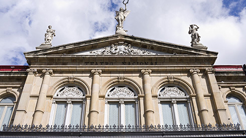 The front of the National Theater building in San Jose, Costa Rica