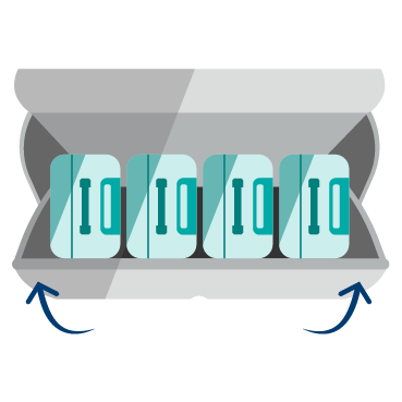 Graphic of 4 roller bags on their sides in the overhead bin with wheels-side loaded first and handles facing out